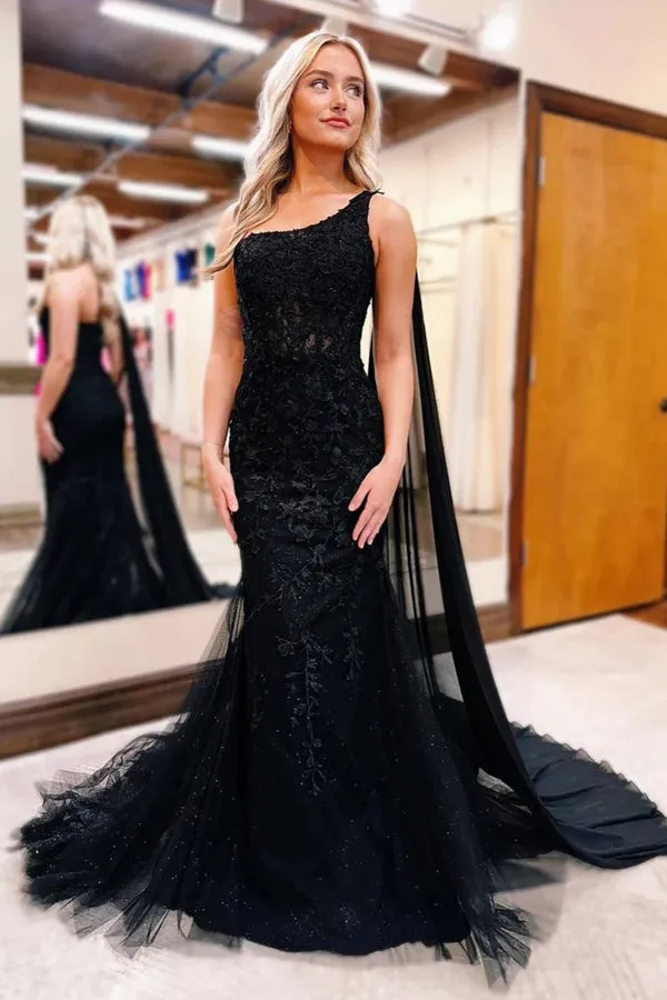 One Shoulder Mermaid Lace Black Prom Dress Formal Gown PSK567