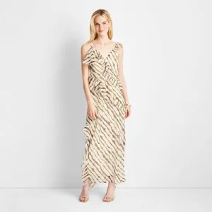 Open Box - Women's Ruffle Ankle Length Dress - Future Collective with Jenee Naylor Cream/Brown Striped XS