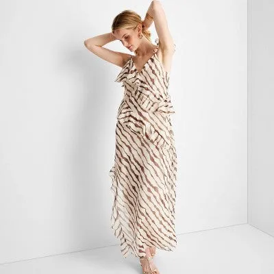 Open Box - Women's Ruffle Ankle Length Dress - Future Collective with Jenee Naylor Cream/Brown Striped XS