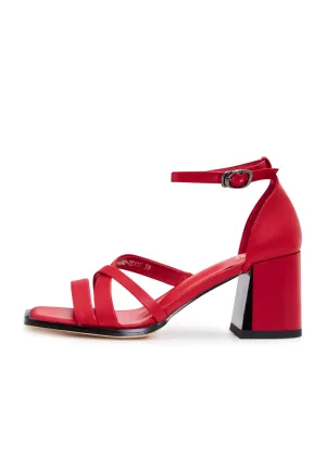 Open Toe Leather Block Heel Sandals - Red