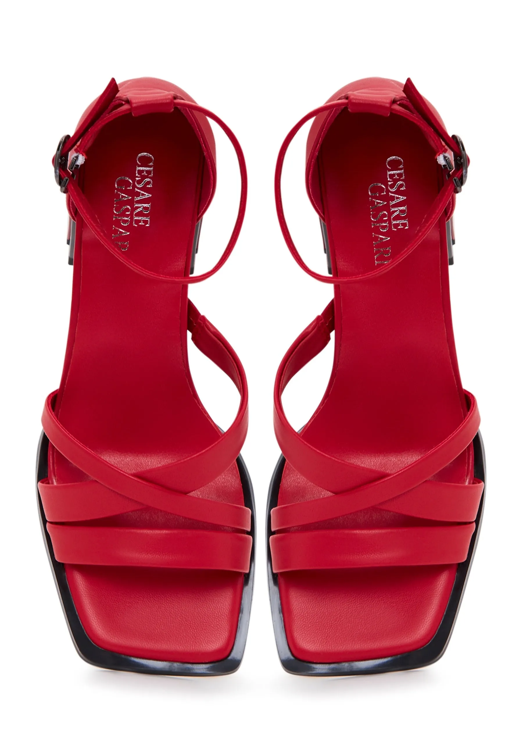 Open Toe Leather Block Heel Sandals - Red