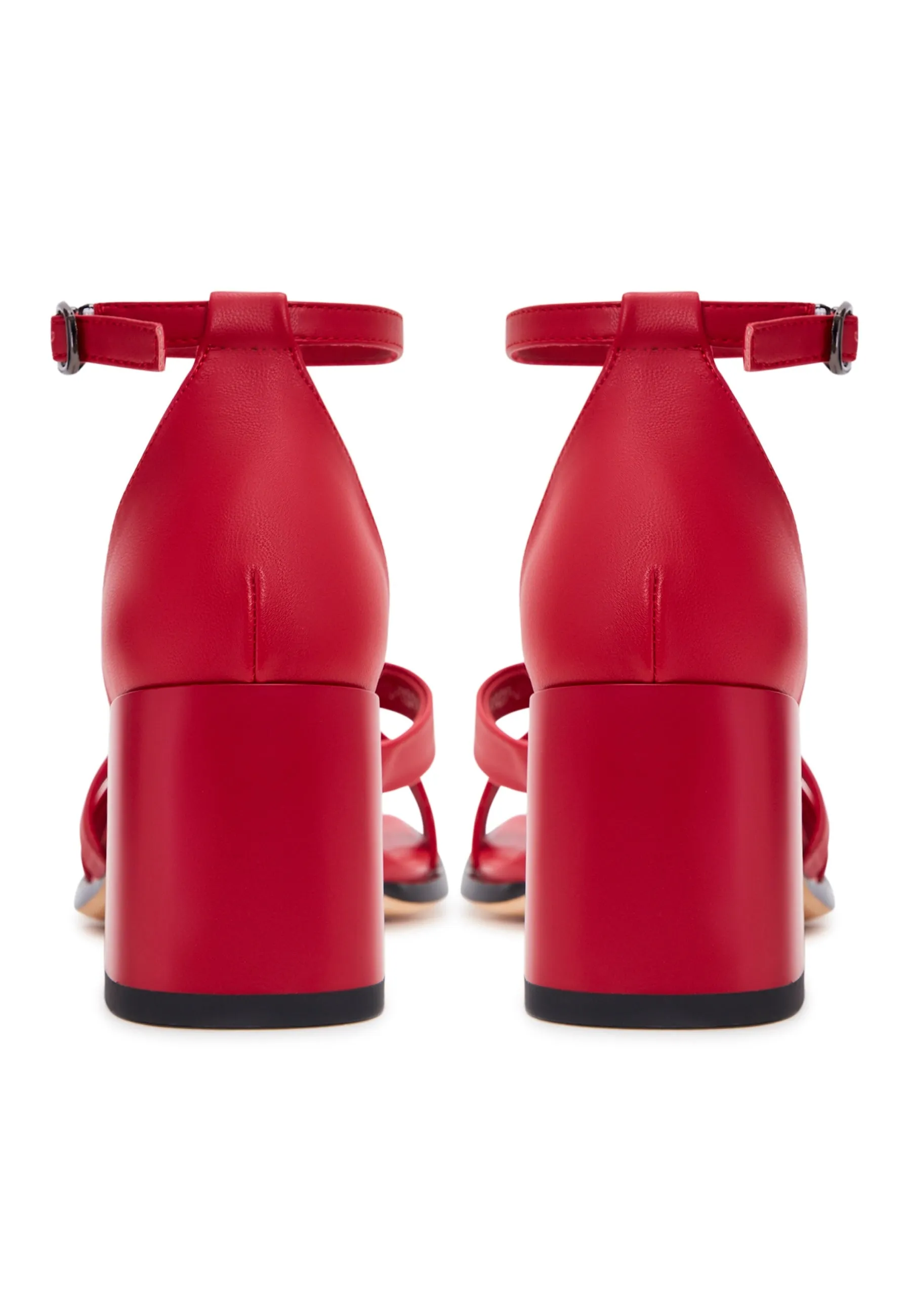 Open Toe Leather Block Heel Sandals - Red