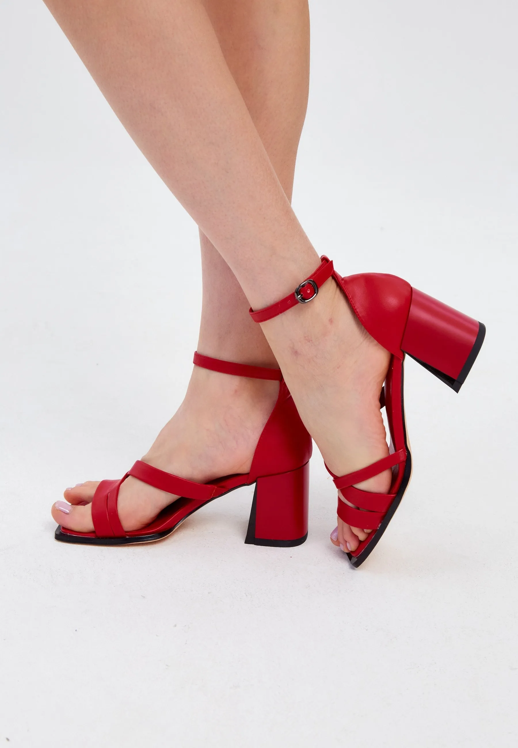 Open Toe Leather Block Heel Sandals - Red