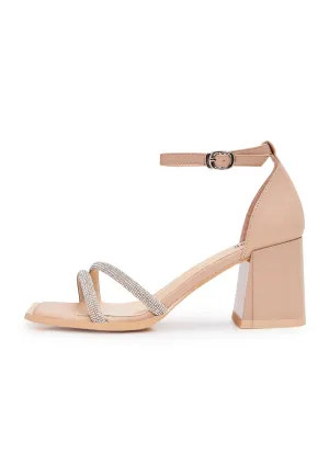 Open Toe Leather Block Heeled Sandals - Beige