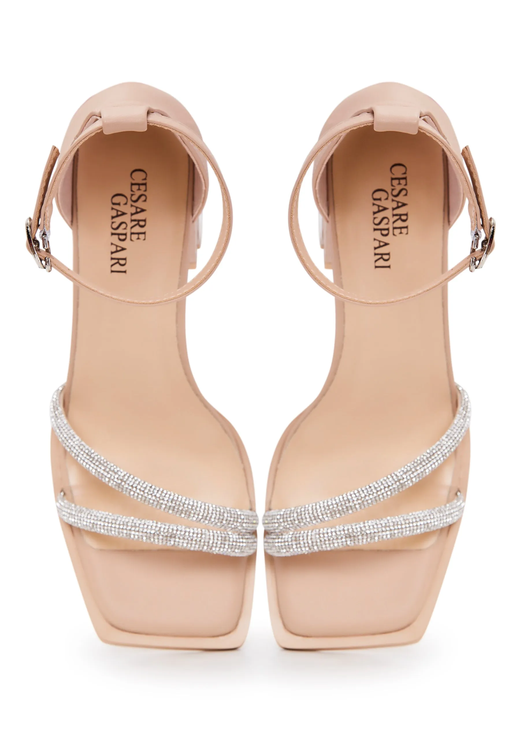 Open Toe Leather Block Heeled Sandals - Beige