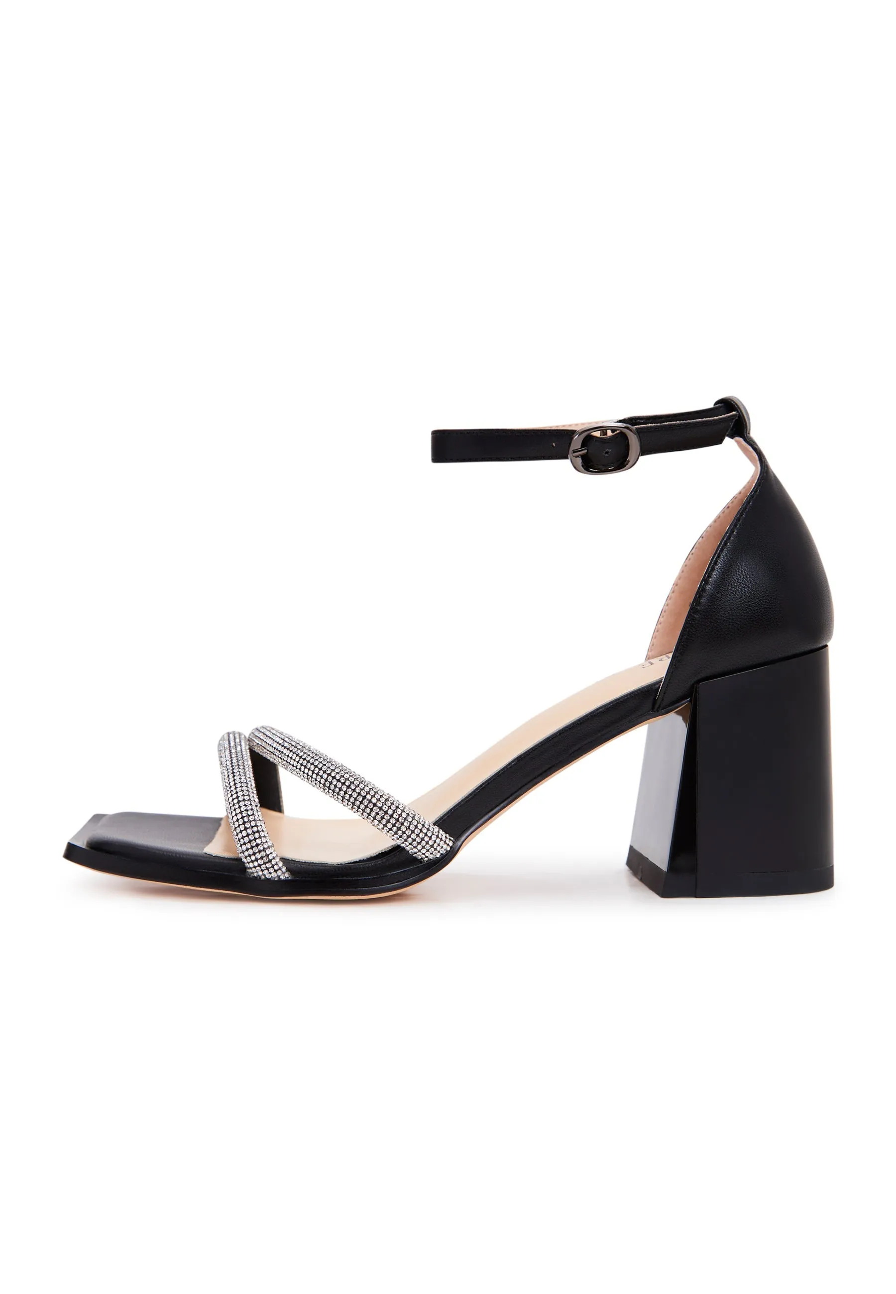 Open Toe Leather Block Heeled Sandals - Black