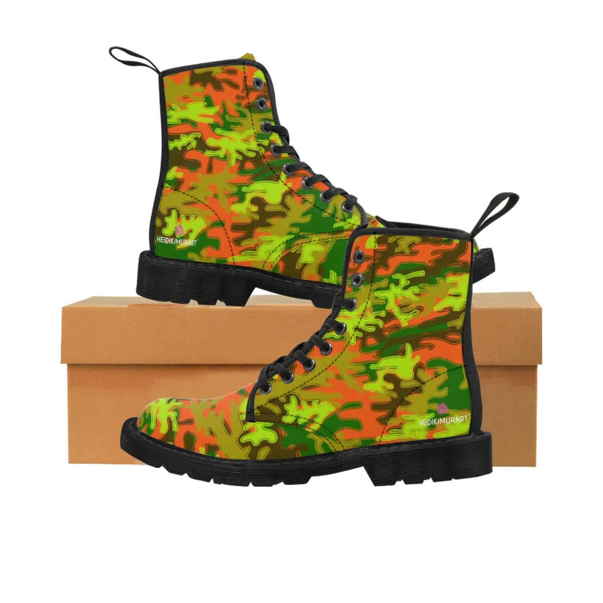 Orange Green Camo Women's Boots, Army Military Print Best Winter Laced Up Canvas Boots For Women (US Size 6.5-11)