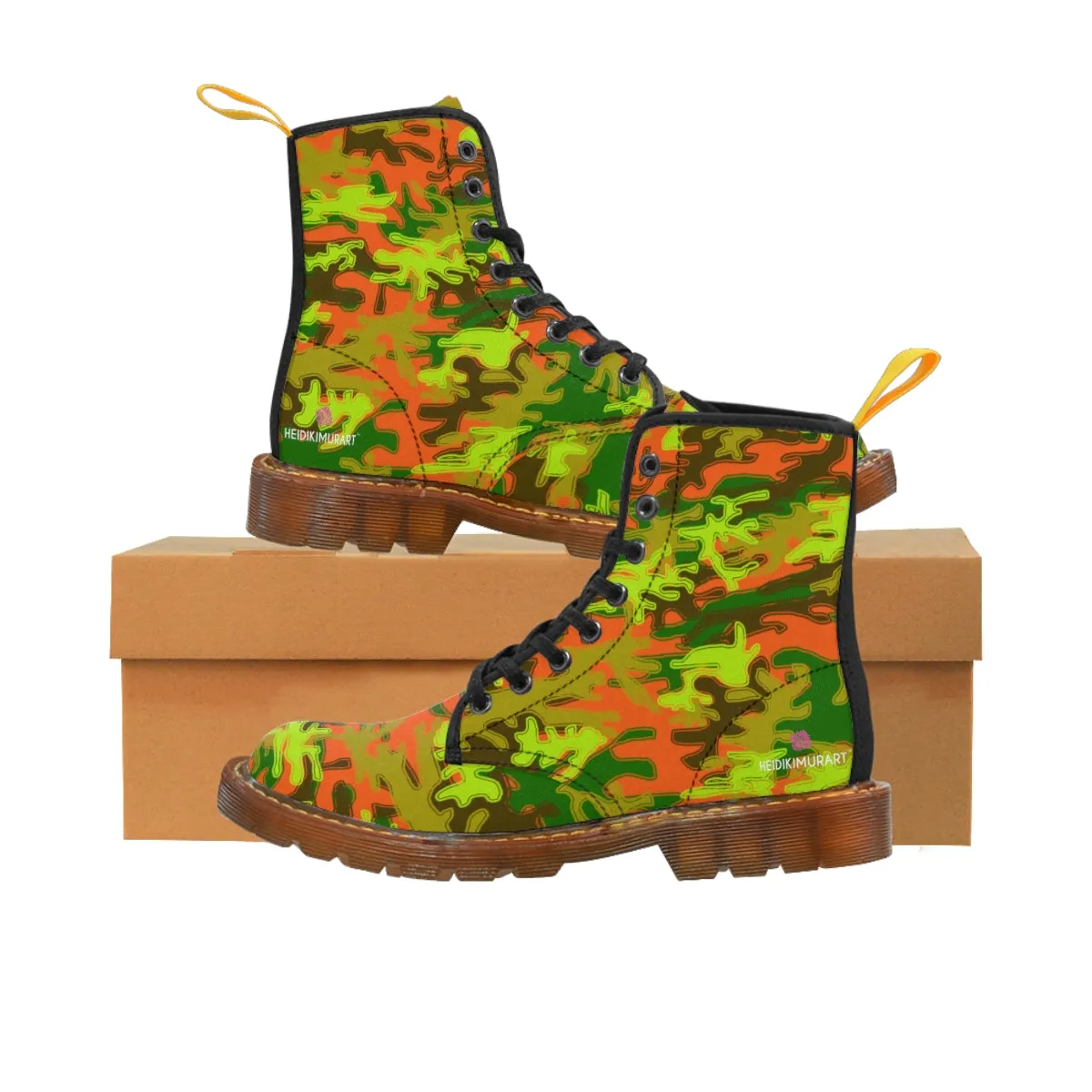 Orange Green Camo Women's Boots, Army Military Print Best Winter Laced Up Canvas Boots For Women (US Size 6.5-11)