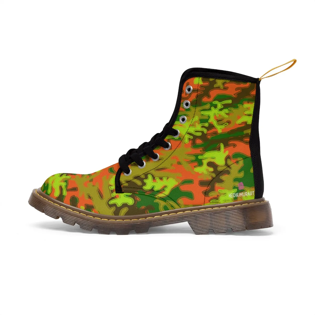 Orange Green Camo Women's Boots, Army Military Print Best Winter Laced Up Canvas Boots For Women (US Size 6.5-11)