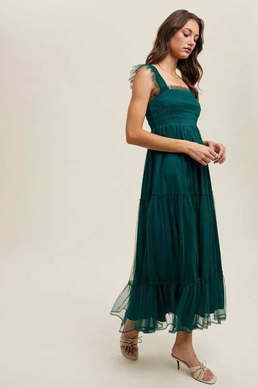 Organza Tiered Midi Dress - Teal Green