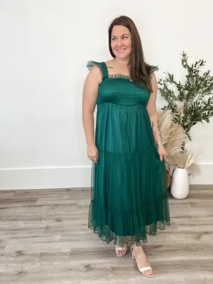 Organza Tiered Midi Dress - Teal Green