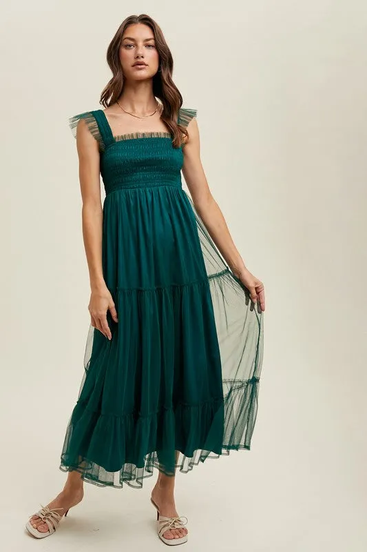 Organza Tiered Midi Dress - Teal Green