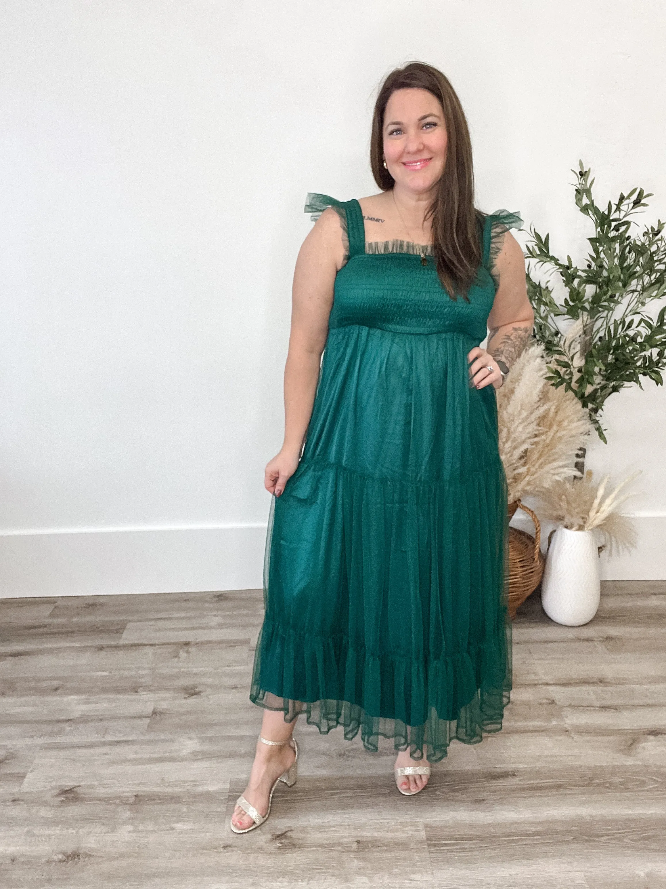 Organza Tiered Midi Dress - Teal Green