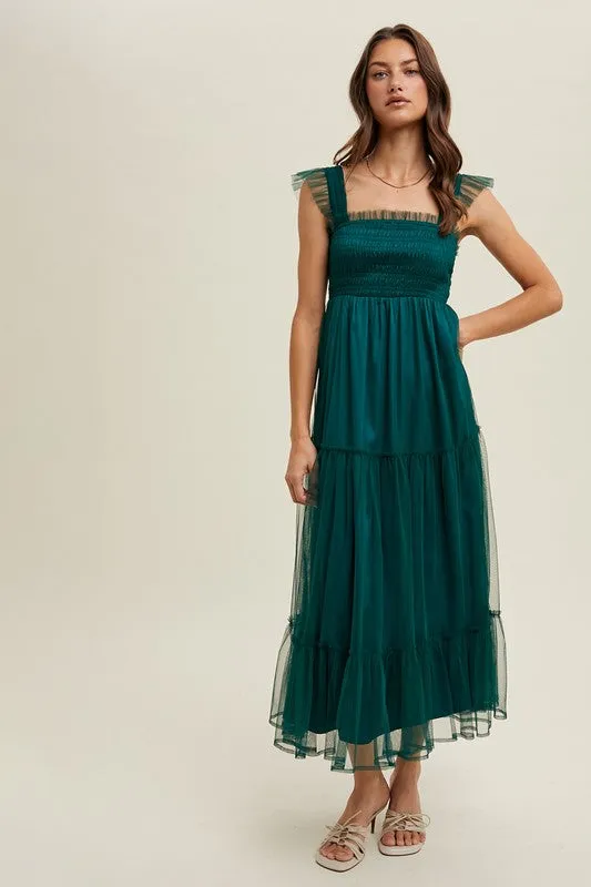 Organza Tiered Midi Dress - Teal Green