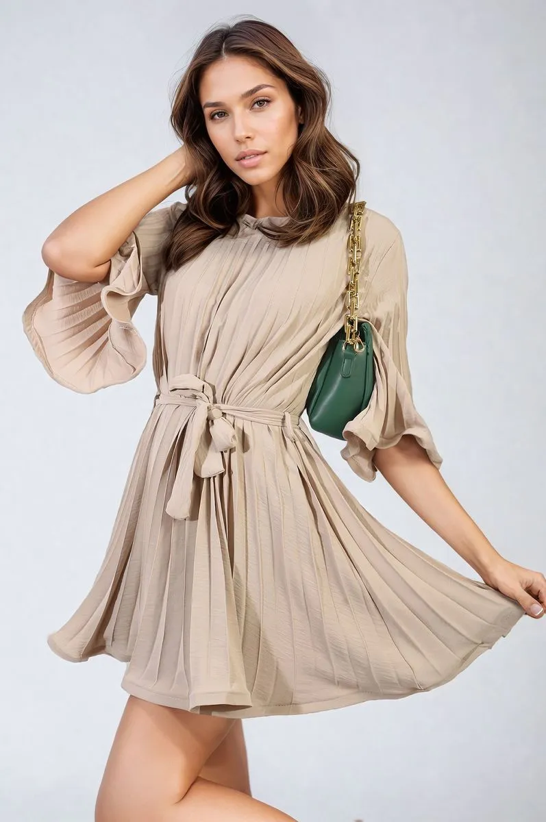 Pleated Tie Waist Mini Dress