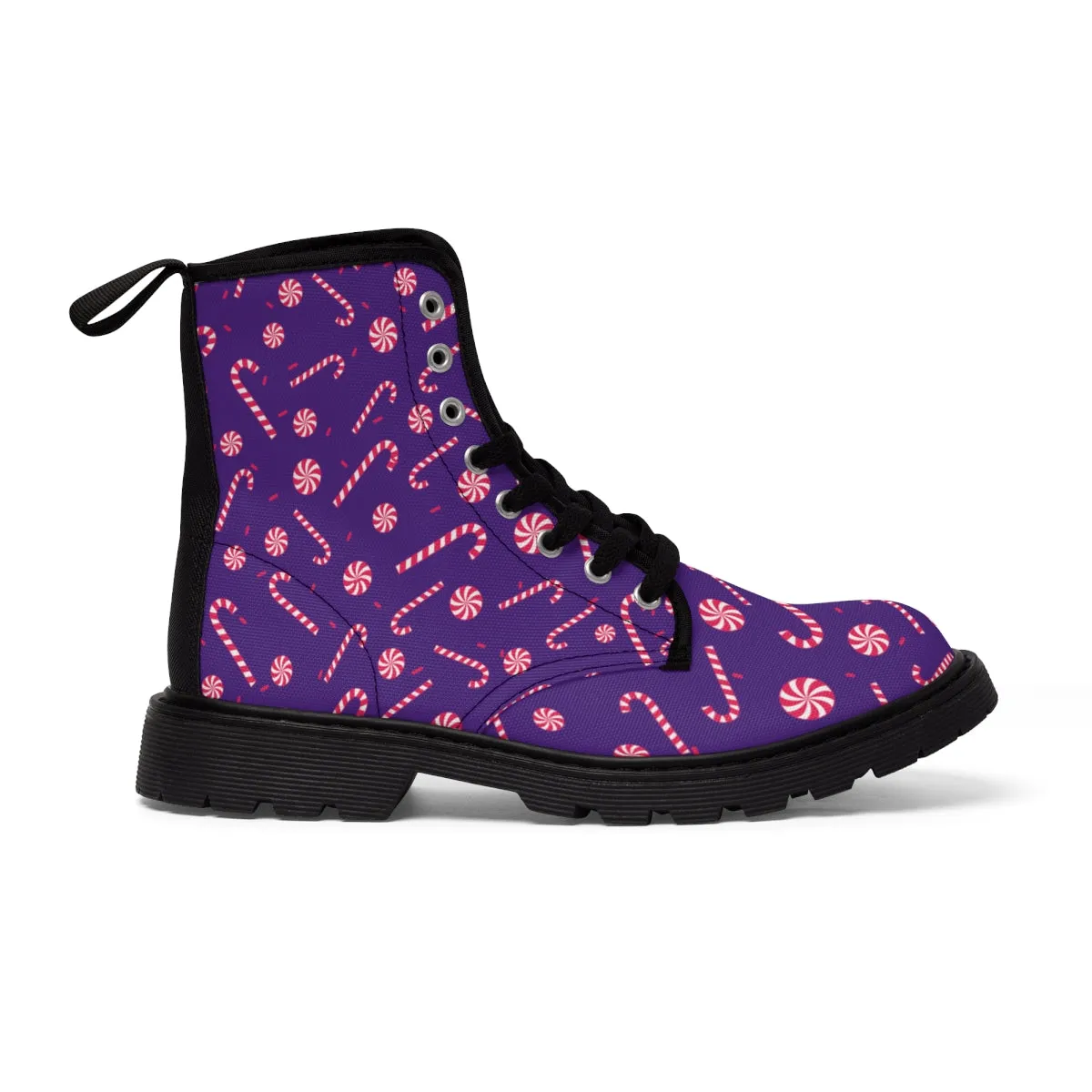 Purple Christmas Women's Canvas Boots, Red Candy Cane Print Winter Boots For Women