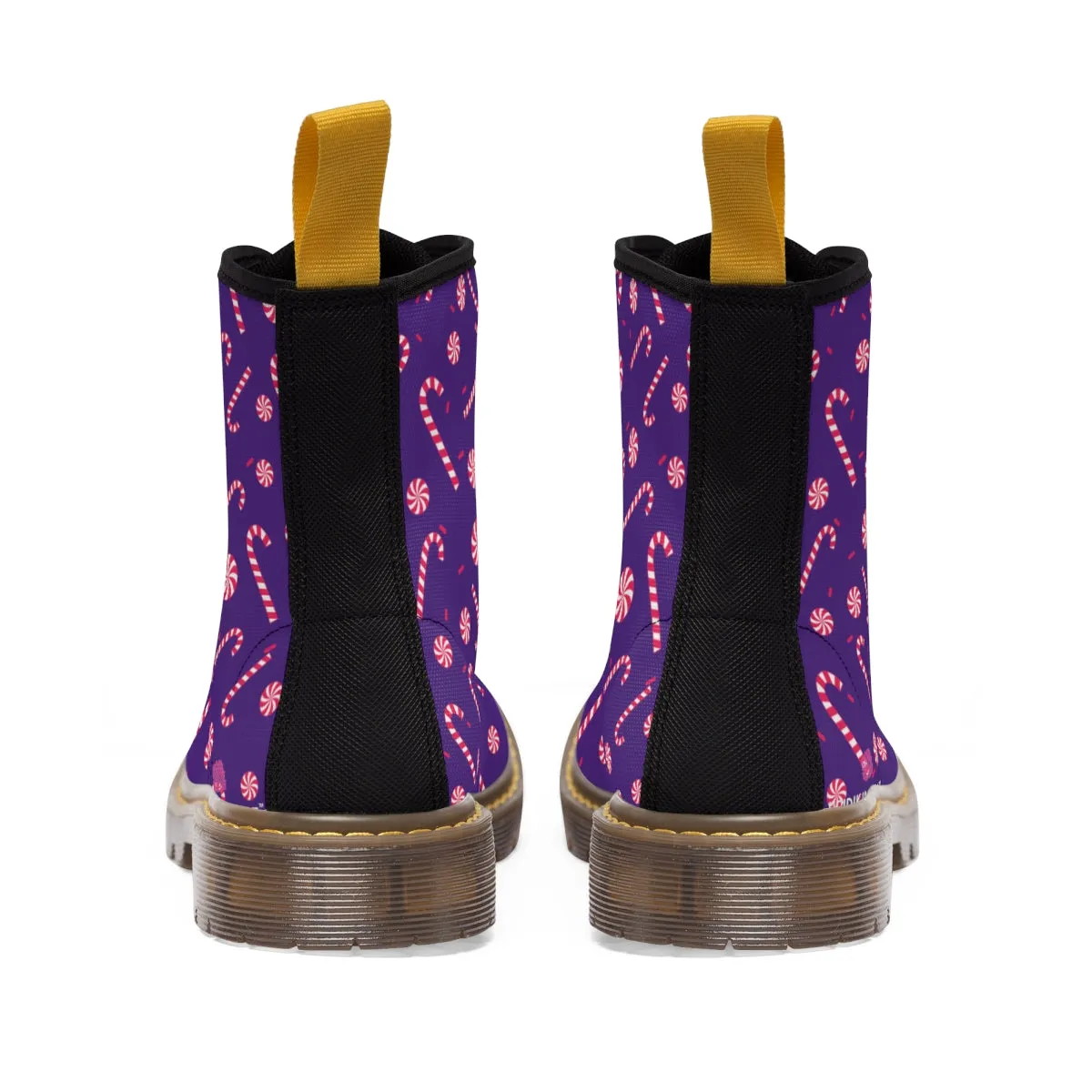 Purple Christmas Women's Canvas Boots, Red Candy Cane Print Winter Boots For Women