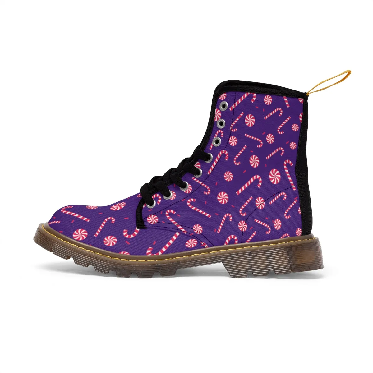 Purple Christmas Women's Canvas Boots, Red Candy Cane Print Winter Boots For Women