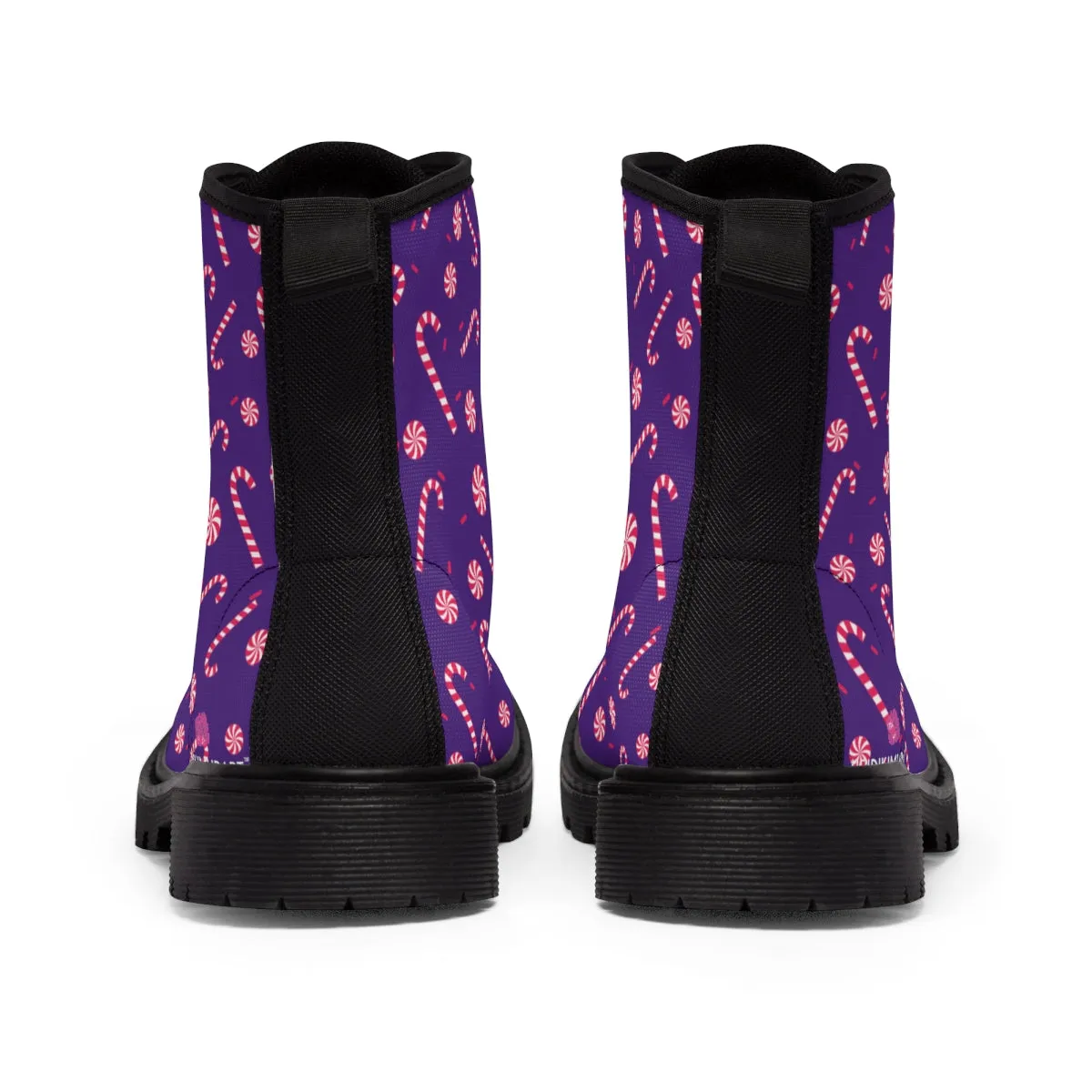 Purple Christmas Women's Canvas Boots, Red Candy Cane Print Winter Boots For Women