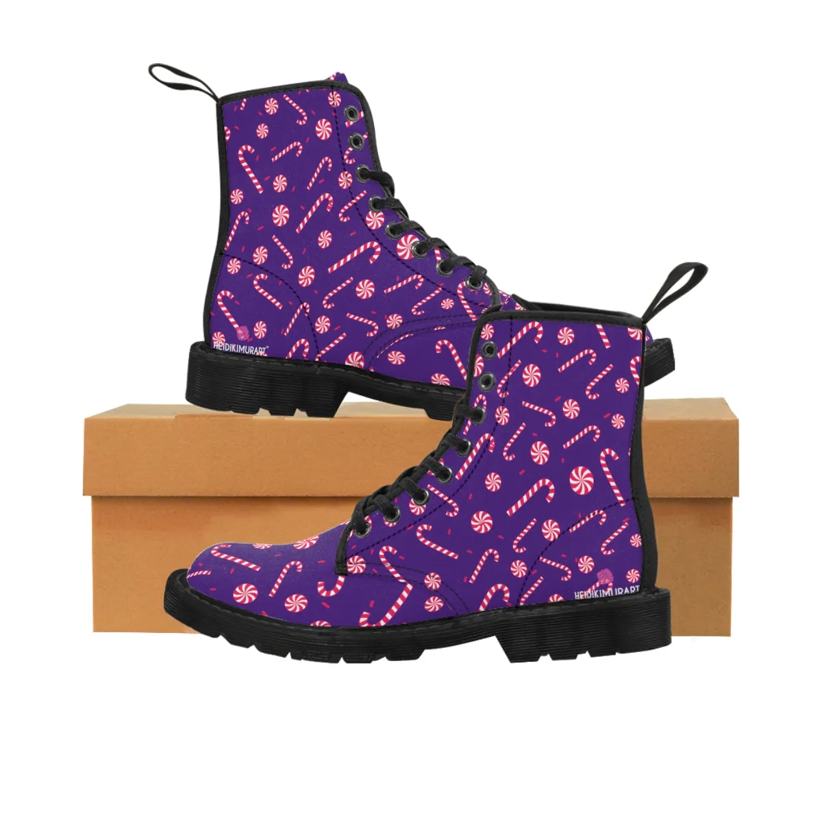 Purple Christmas Women's Canvas Boots, Red Candy Cane Print Winter Boots For Women