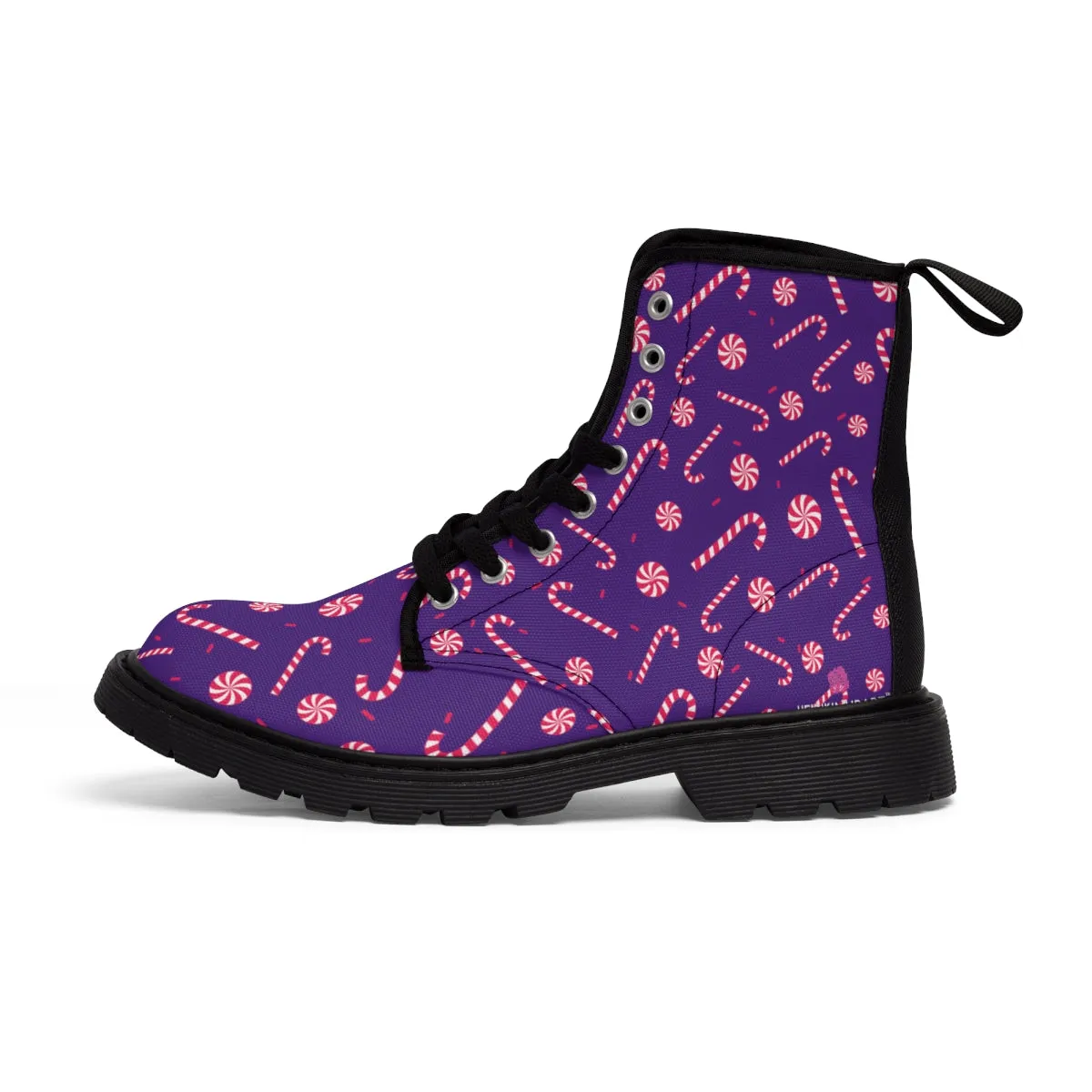 Purple Christmas Women's Canvas Boots, Red Candy Cane Print Winter Boots For Women