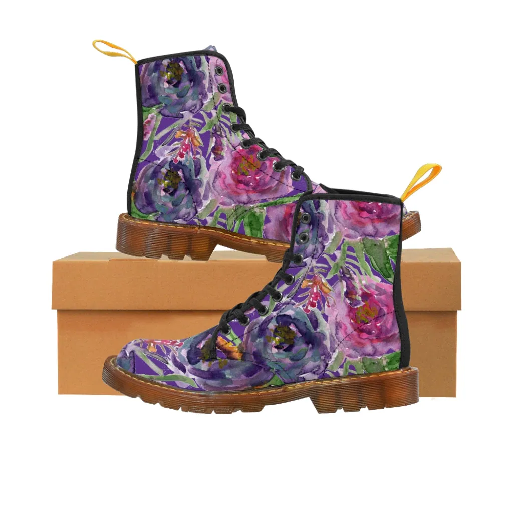 Purple Flower Print Women's Boots, Best Vintage Style Premium Quality Winter Boots For Ladies