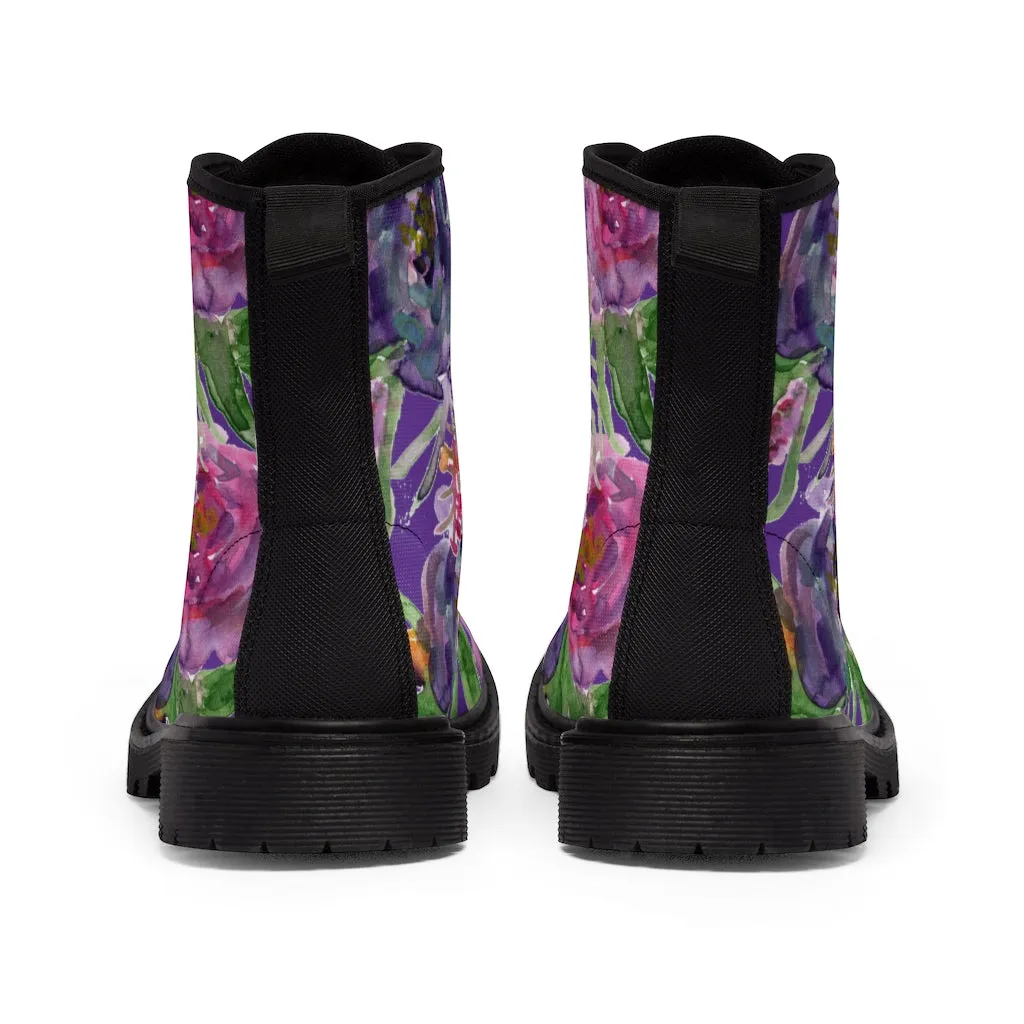 Purple Flower Print Women's Boots, Best Vintage Style Premium Quality Winter Boots For Ladies