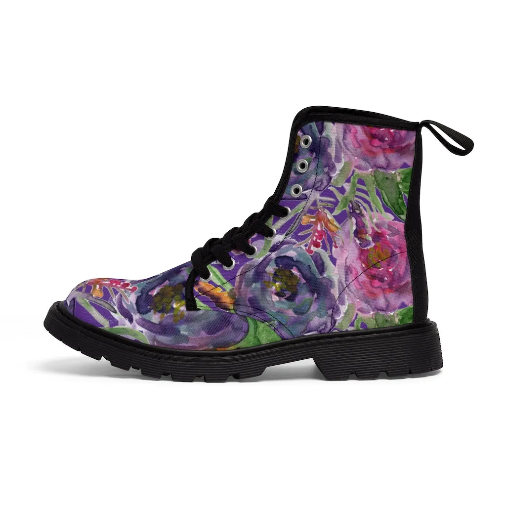 Purple Flower Print Women's Boots, Best Vintage Style Premium Quality Winter Boots For Ladies