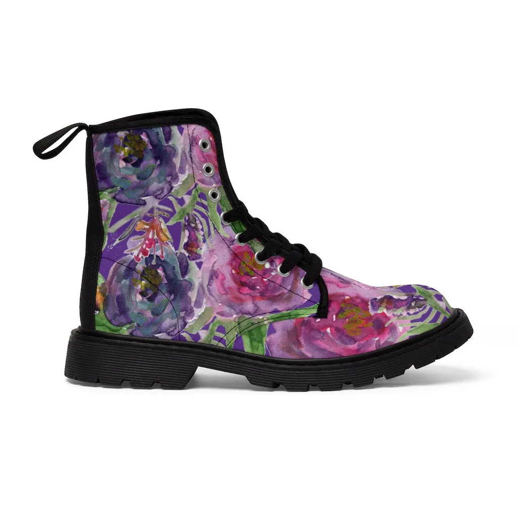 Purple Flower Print Women's Boots, Best Vintage Style Premium Quality Winter Boots For Ladies