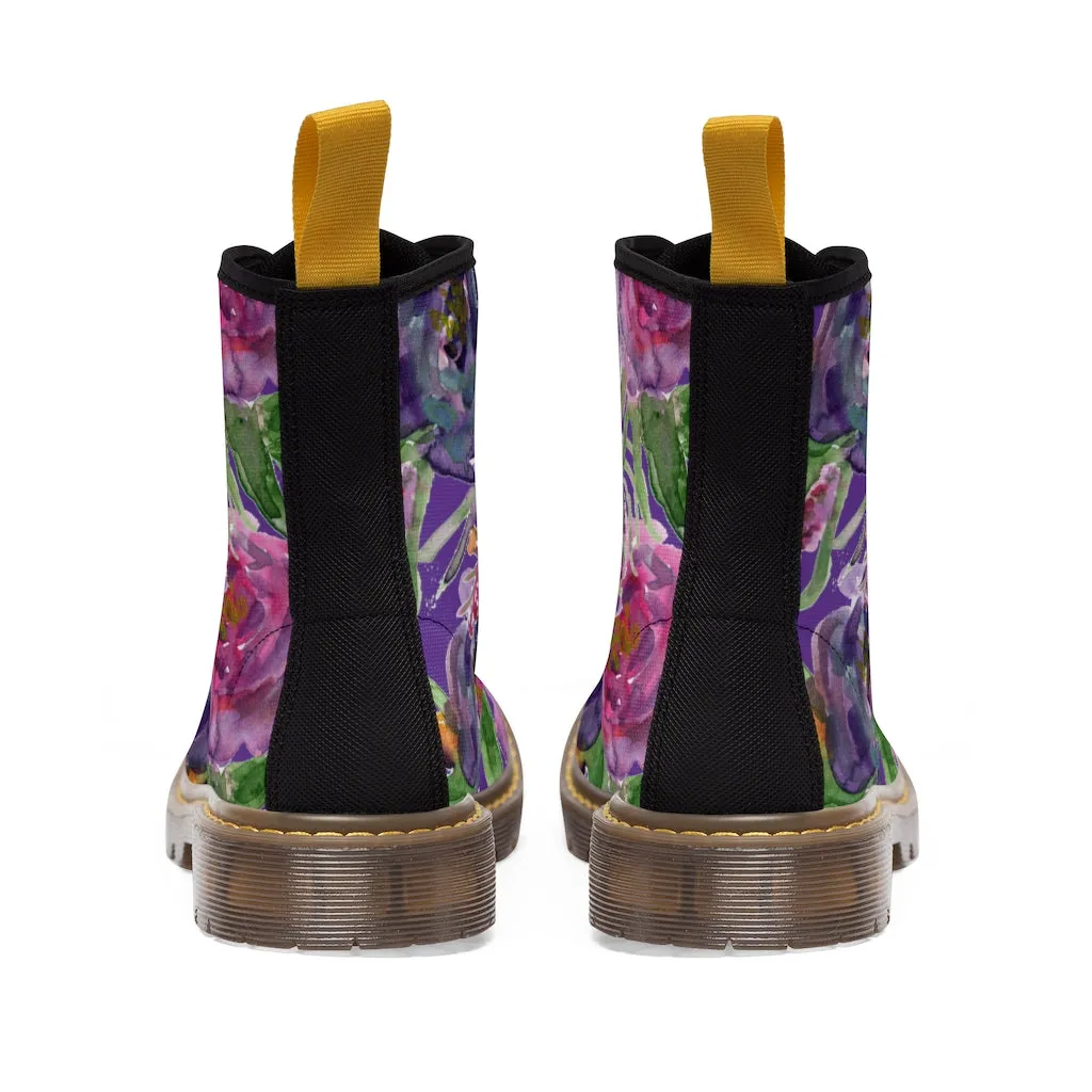 Purple Flower Print Women's Boots, Best Vintage Style Premium Quality Winter Boots For Ladies