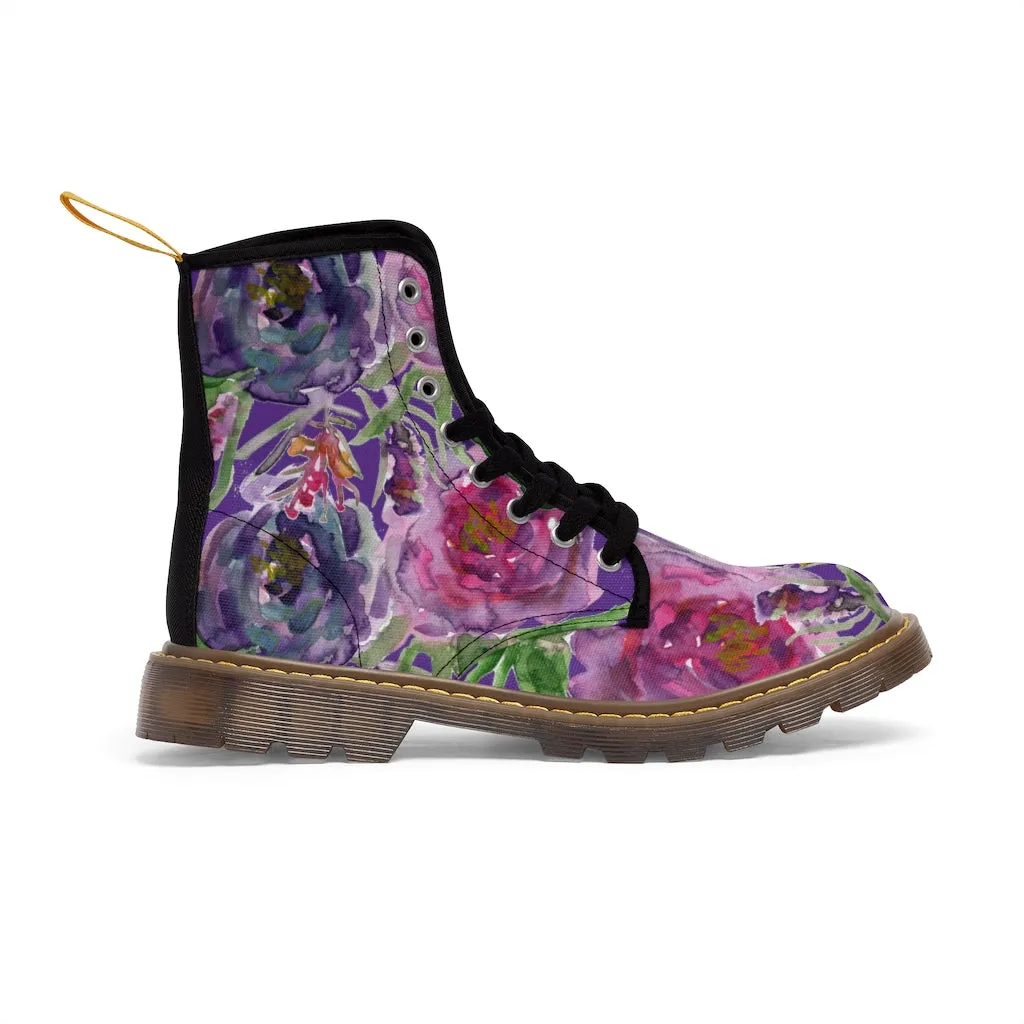 Purple Flower Print Women's Boots, Best Vintage Style Premium Quality Winter Boots For Ladies