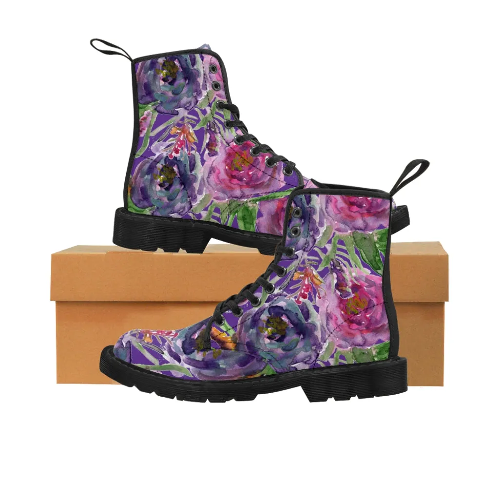 Purple Flower Print Women's Boots, Best Vintage Style Premium Quality Winter Boots For Ladies