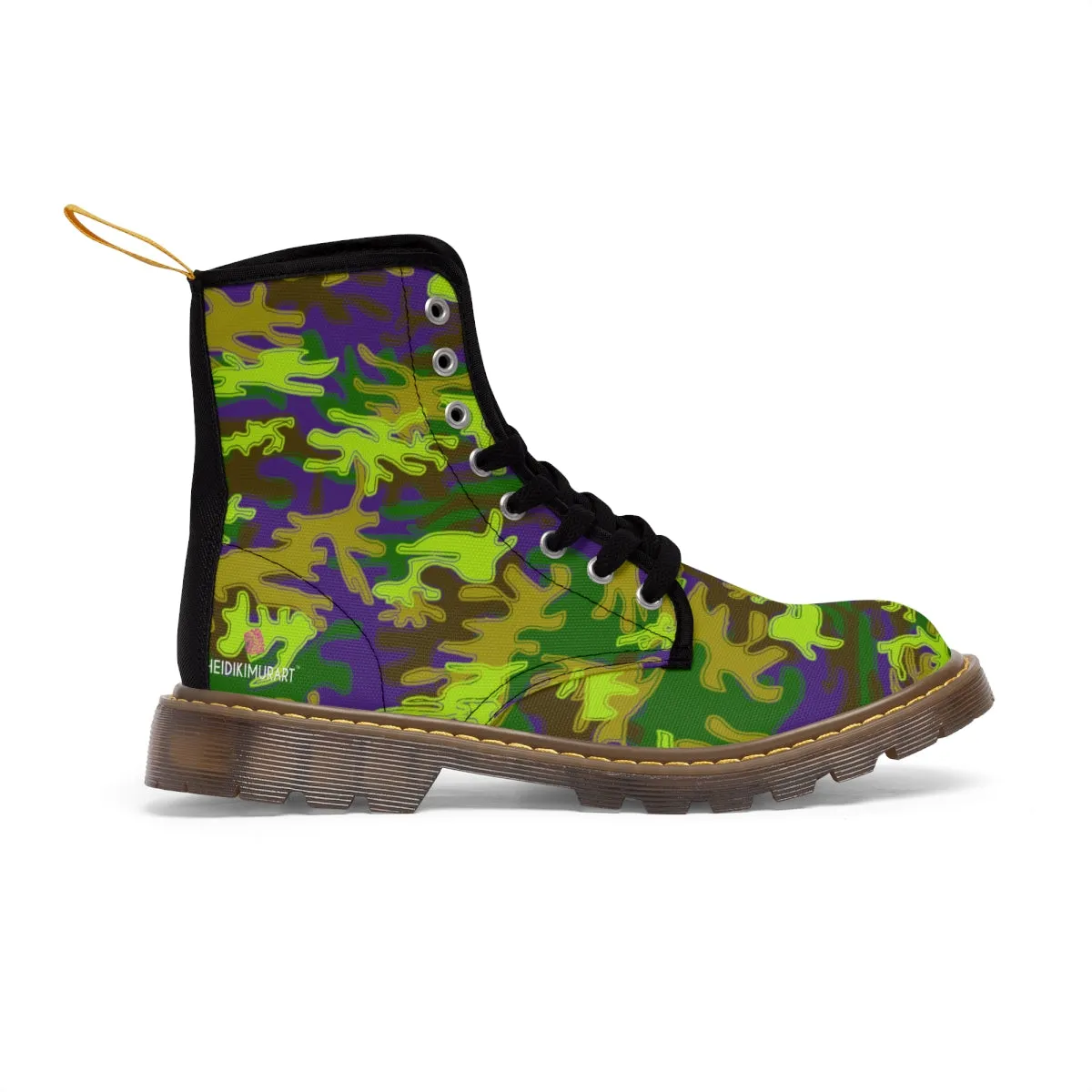 Purple Green Camo Women's Boots, Army Military Print Best Winter Laced Up Canvas Boots For Women (US Size 6.5-11)