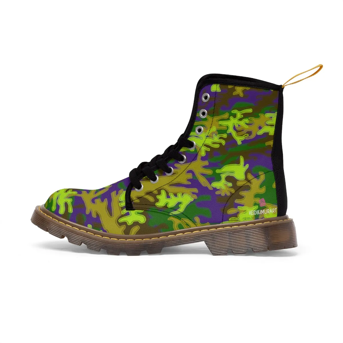 Purple Green Camo Women's Boots, Army Military Print Best Winter Laced Up Canvas Boots For Women (US Size 6.5-11)