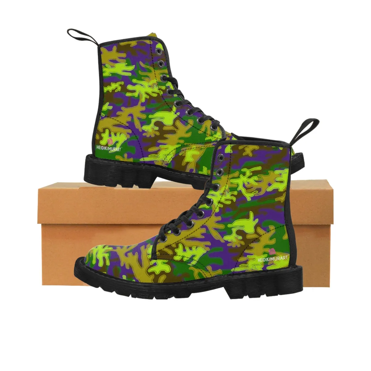 Purple Green Camo Women's Boots, Army Military Print Best Winter Laced Up Canvas Boots For Women (US Size 6.5-11)