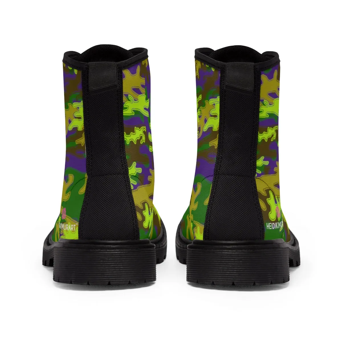 Purple Green Camo Women's Boots, Army Military Print Best Winter Laced Up Canvas Boots For Women (US Size 6.5-11)