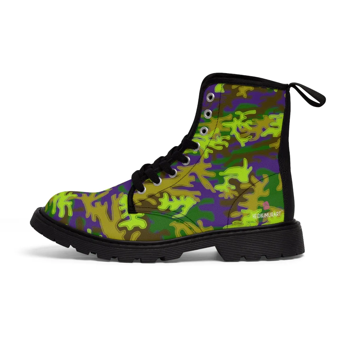 Purple Green Camo Women's Boots, Army Military Print Best Winter Laced Up Canvas Boots For Women (US Size 6.5-11)