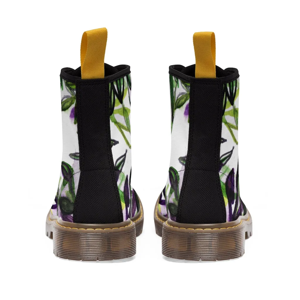 Purple Tropical Print Women's Boots, Hawaiian Style Designer Laced-up Winter Boots For Ladies