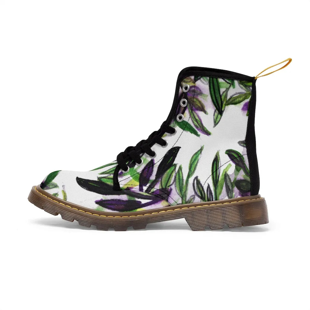 Purple Tropical Print Women's Boots, Hawaiian Style Designer Laced-up Winter Boots For Ladies