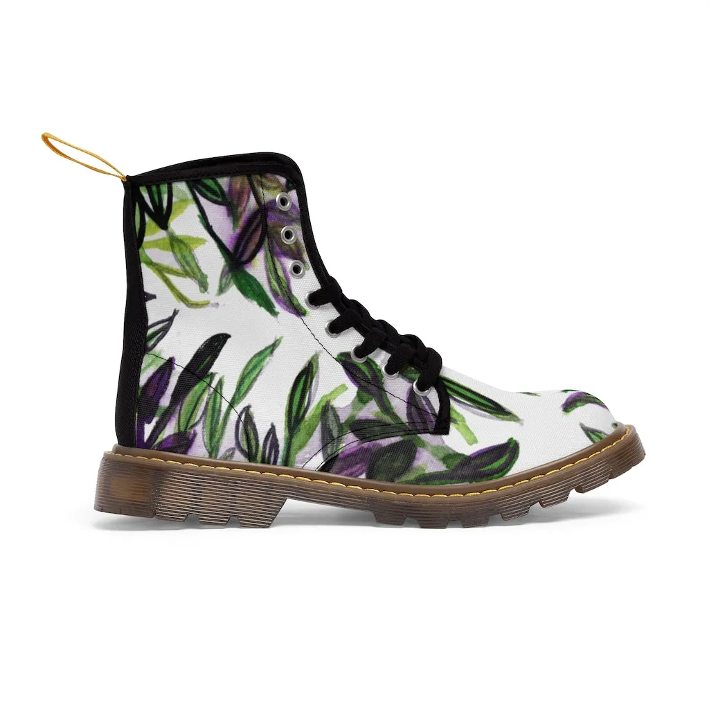 Purple Tropical Print Women's Boots, Hawaiian Style Designer Laced-up Winter Boots For Ladies