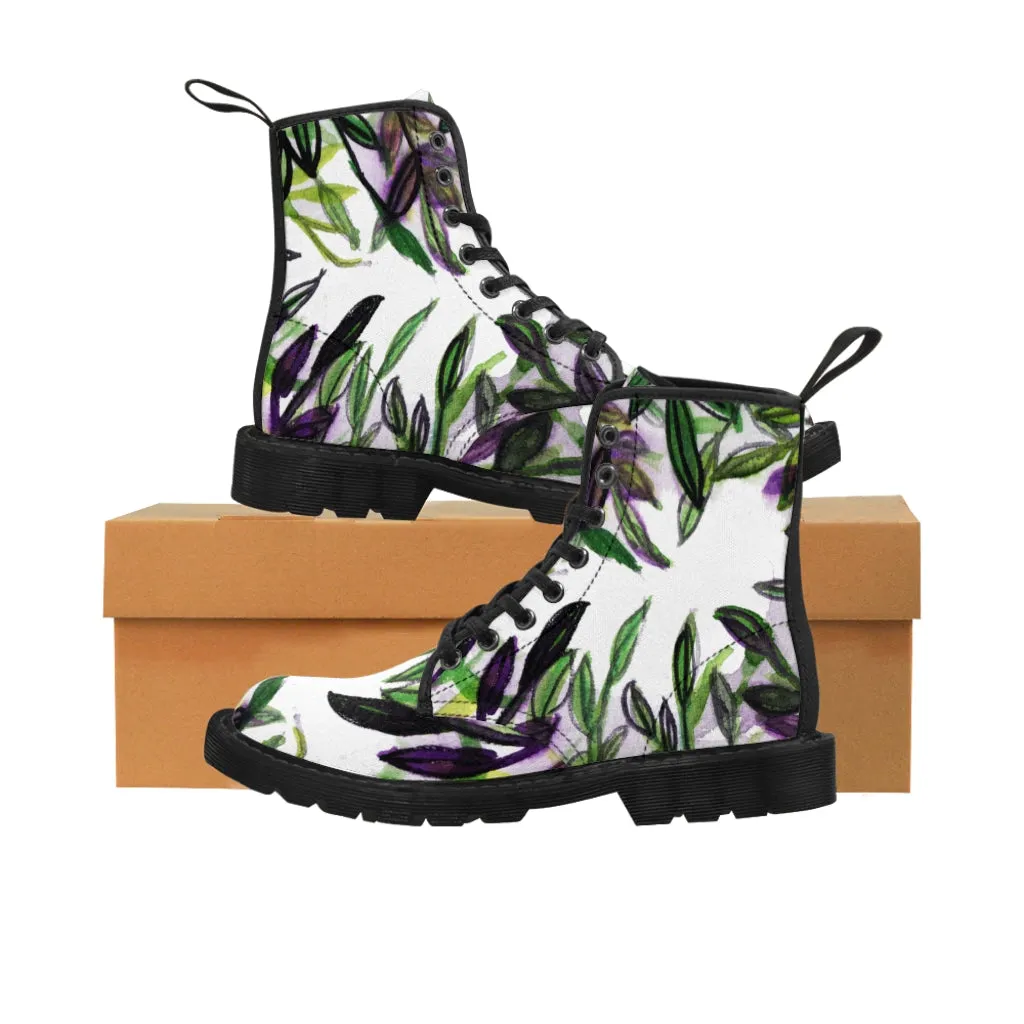 Purple Tropical Print Women's Boots, Hawaiian Style Designer Laced-up Winter Boots For Ladies