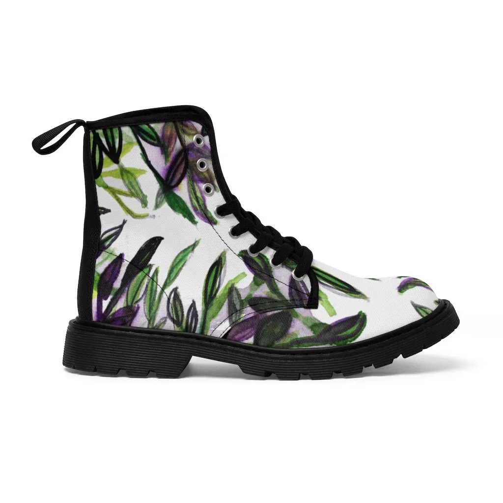 Purple Tropical Print Women's Boots, Hawaiian Style Designer Laced-up Winter Boots For Ladies