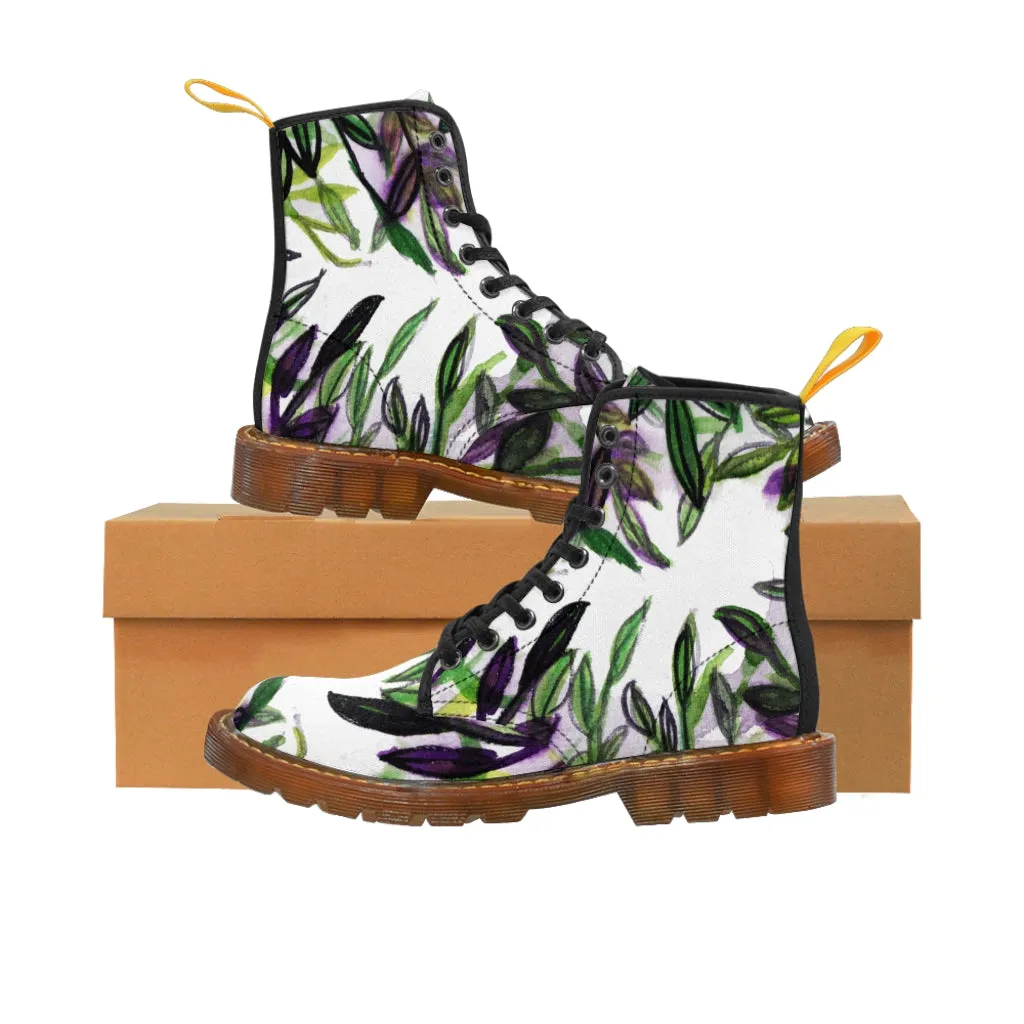 Purple Tropical Print Women's Boots, Hawaiian Style Designer Laced-up Winter Boots For Ladies