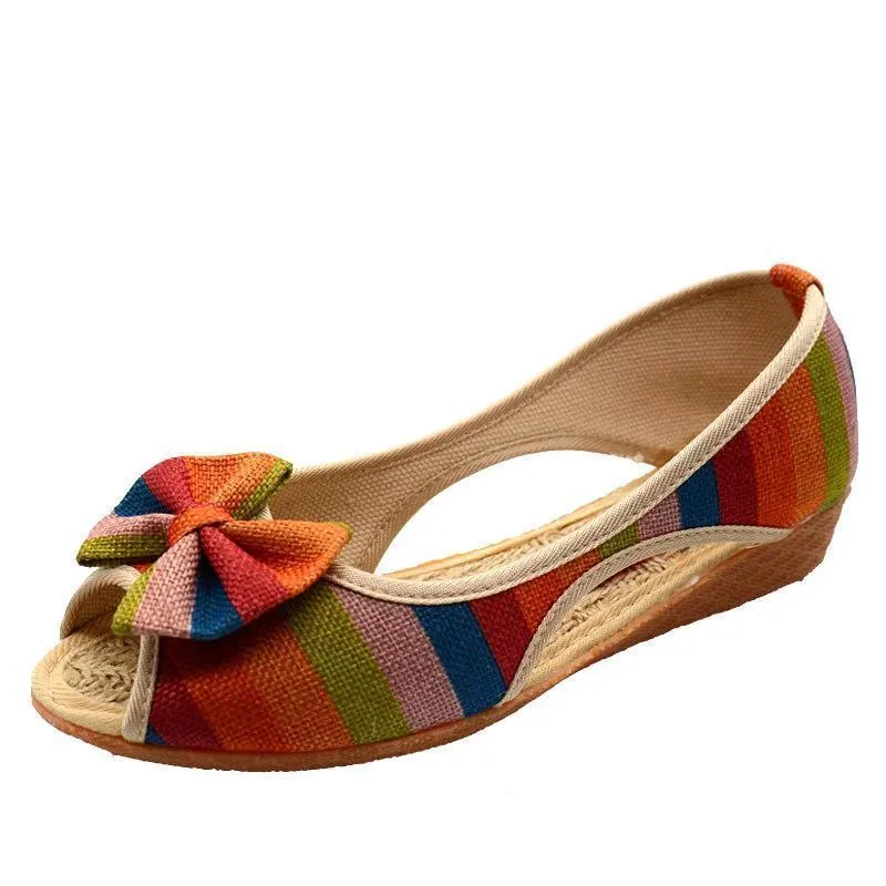 Rainbow Striped Peep Toe Linen Shoes