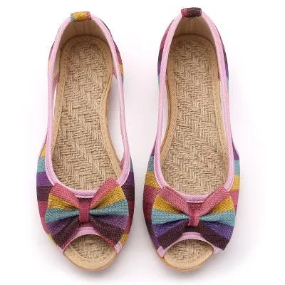 Rainbow Striped Peep Toe Linen Shoes