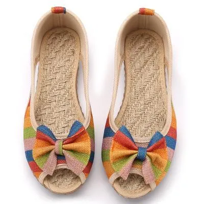 Rainbow Striped Peep Toe Linen Shoes