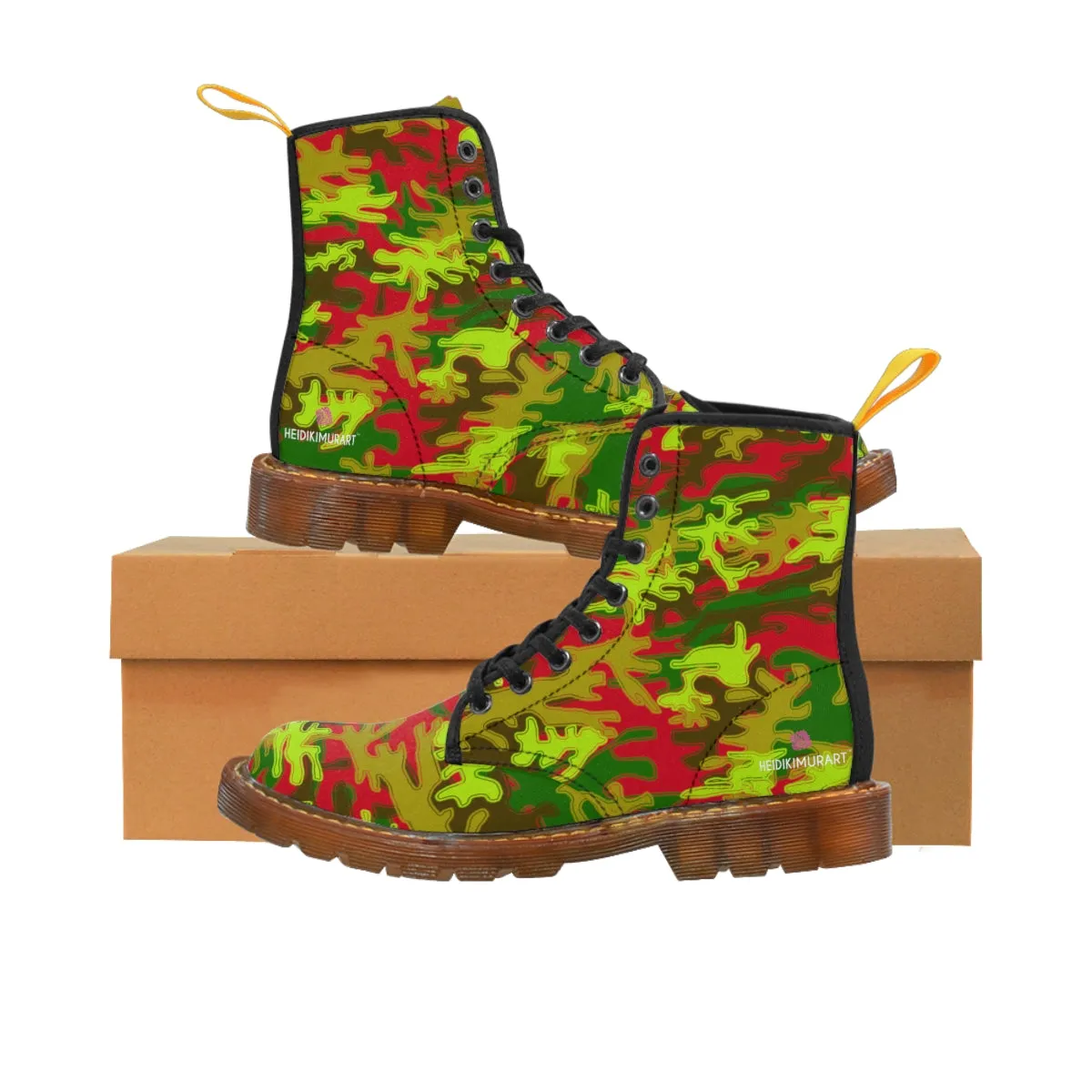 Red Green Camo Women's Boots, Army Military Print Best Winter Laced Up Canvas Boots For Women (US Size 6.5-11)