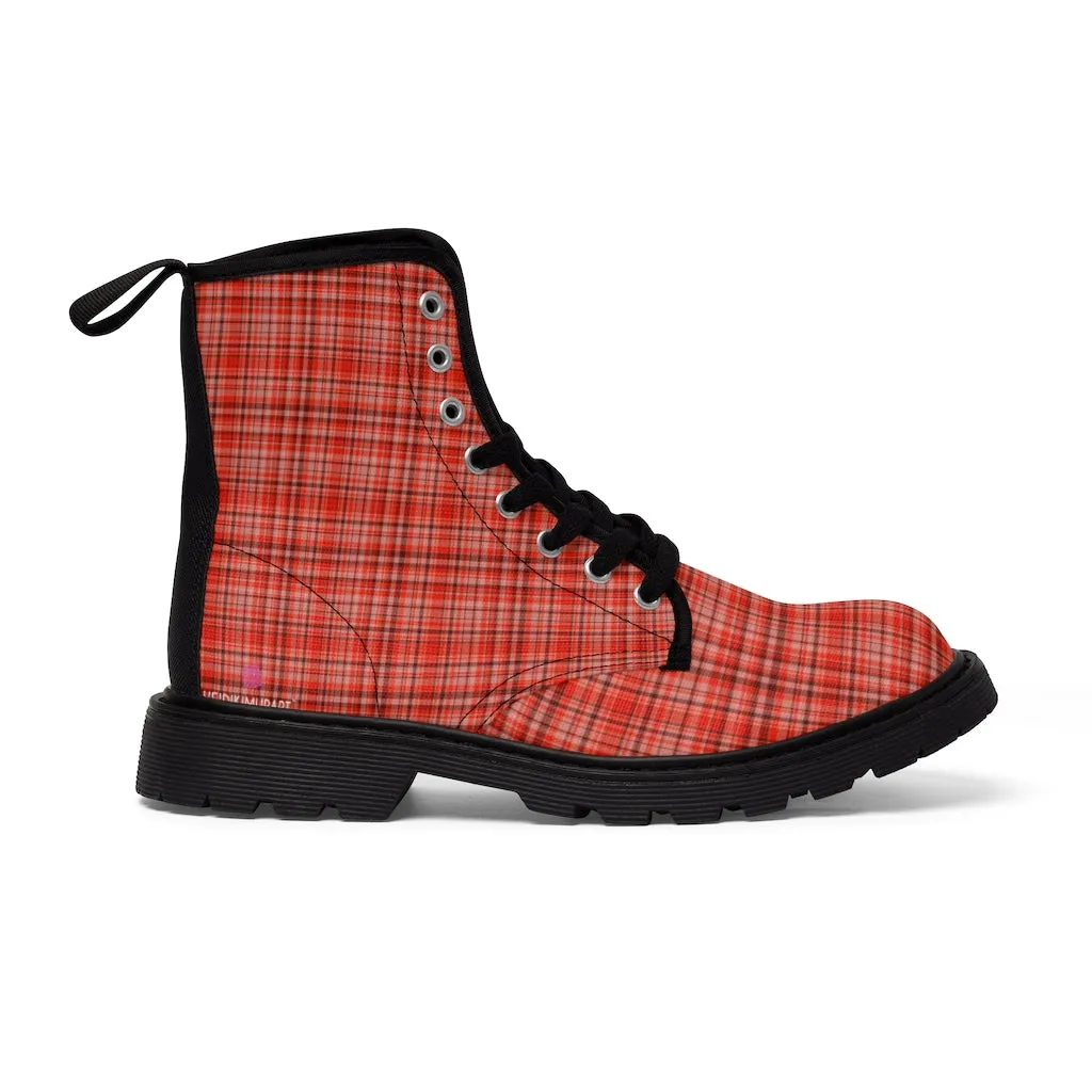 Red Plaid Women's Canvas Boots, Best Plaid Print Winter Boots For Women (US Size 6.5-11)