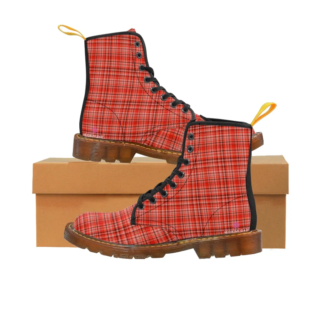 Red Plaid Women's Canvas Boots, Best Plaid Print Winter Boots For Women (US Size 6.5-11)