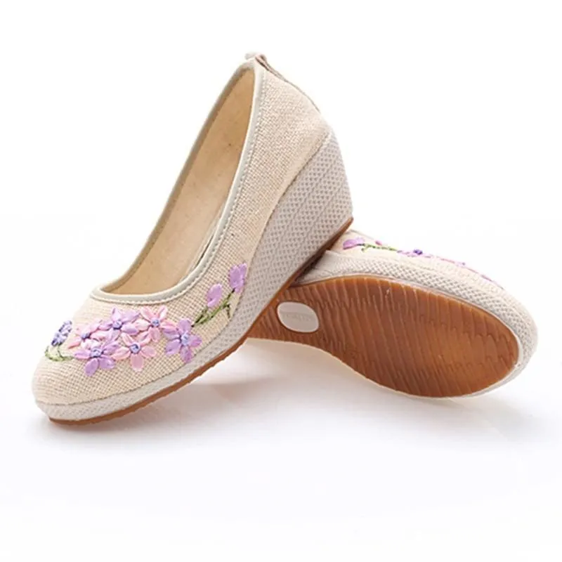 Retro Floral Embroidery Cloth Canvas Wedges Vintage Women Pumps Linen Shoes